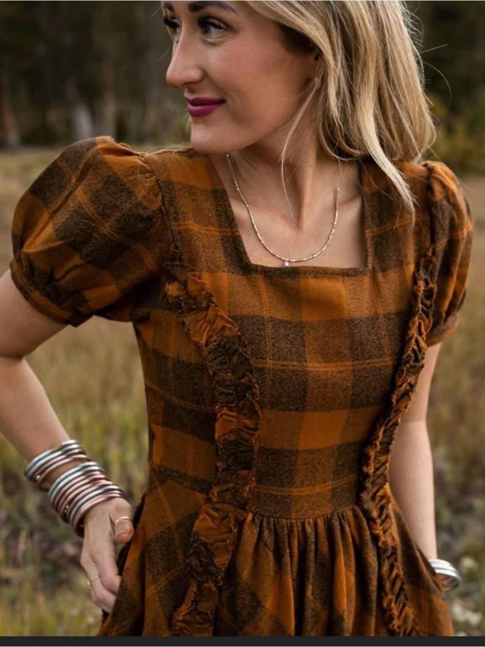 Ivy City Co Rust Plaid Plaid Midi Dress - Picture 7 of 7